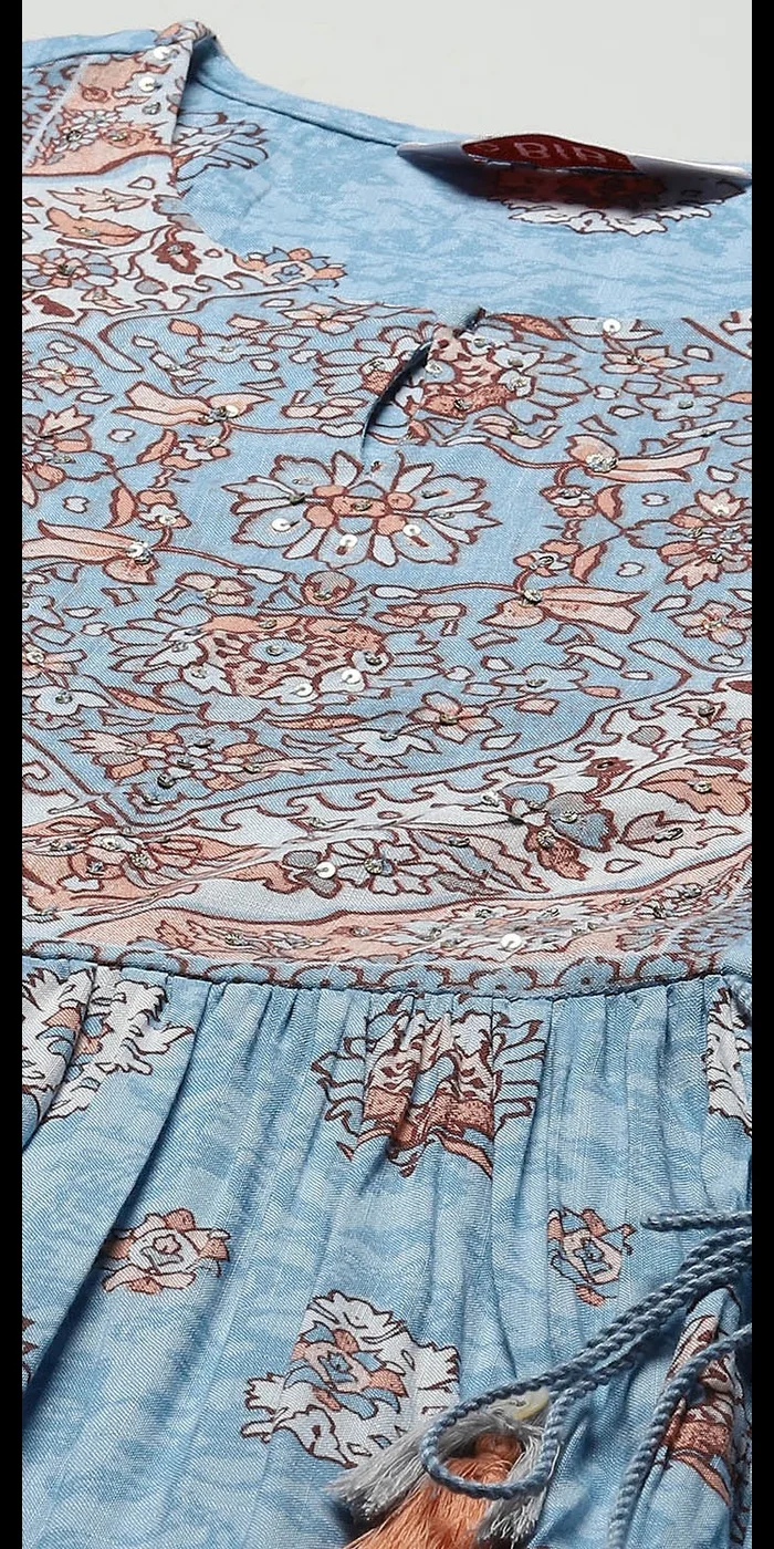 Biba Sky Blue Viscose Tiered Dress