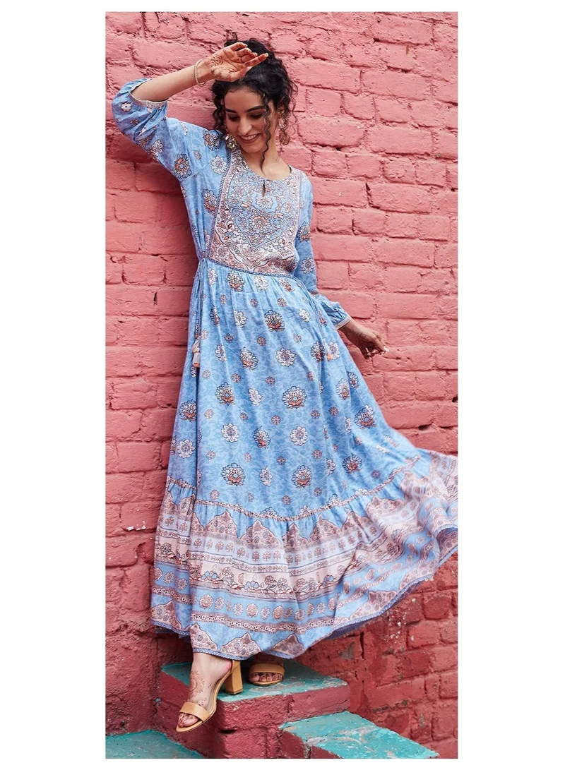 Biba Sky Blue Viscose Tiered Dress