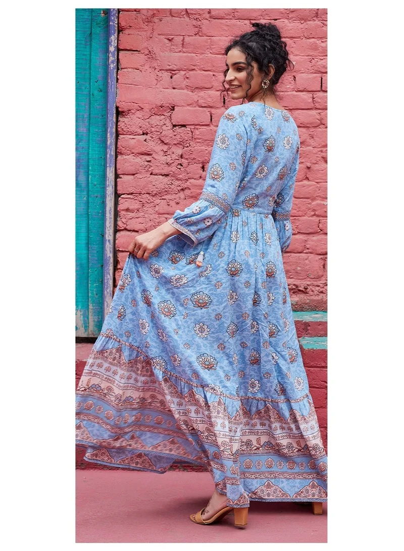 Biba  Sky Blue Viscose Tiered Dress for Women | Best Price UAE