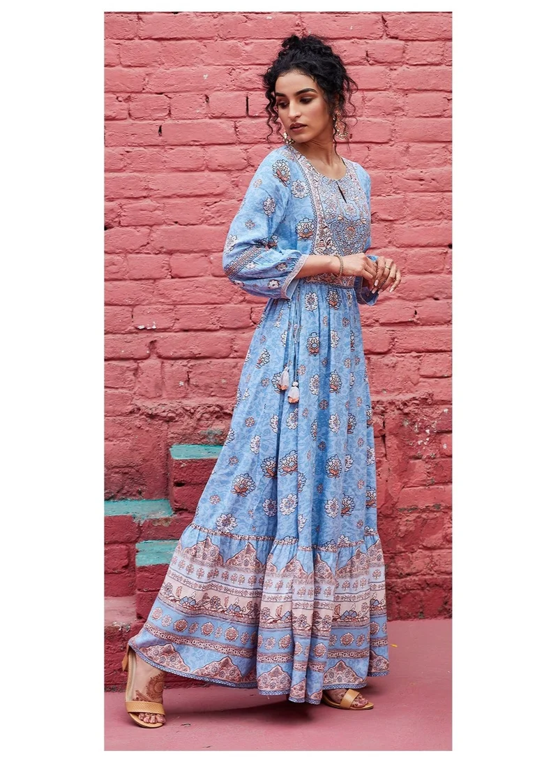 Biba  Sky Blue Viscose Tiered Dress for Women | Best Price UAE