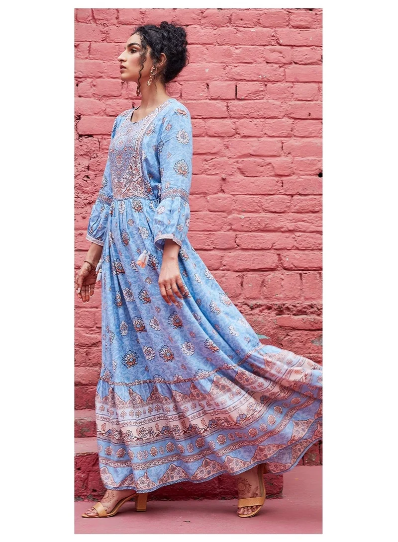 Biba  Sky Blue Viscose Tiered Dress for Women | Best Price UAE