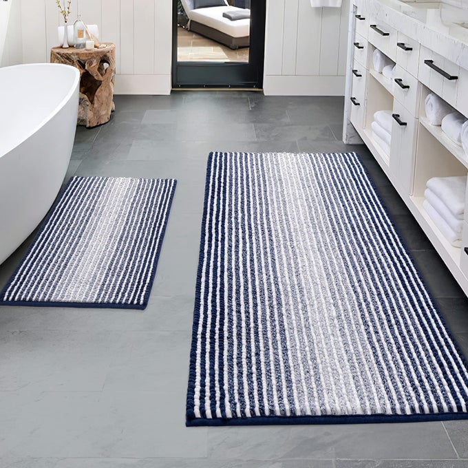 BATHROOM RUGS AND MATS SETS 2 PIECE THICK ABSORBENT CHENILLE NON SLIP SOFT SHAGGY FLOOR MATS MACHINE WASHABLE 20 X 47 PLUS 16 X 24 NAVY