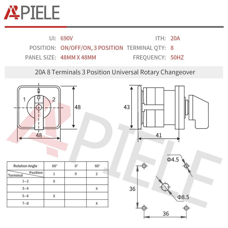 APIELE Changeover Selector Switch 3 Position 440V Universal Rotary Cam Selector (20A 8 Terminal) - Image 2