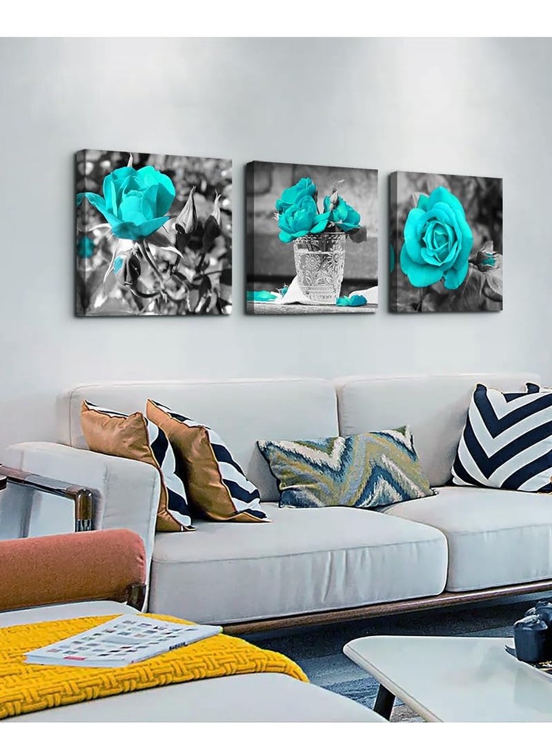 Excefore Blue Rose Canvas Wall Art For Bedroom, Canvas Wall Pictures Artwork Minimalist Home Decor, Flowers Wall Decorations For Living Room Boho Wall Decor (3 Pcs, 30x30 cm)  - Image 2