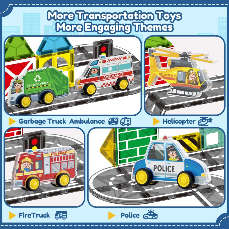 Oriate Rolling City Vehicle for Magnetic Tiles, Free Wheels Rescue Toy Cars Compatible with Road Magnet Tiles, Car Toys for Kids Urban Road Traffic Magnetic Tiles Toys, Educational Gift Boys Girls - Image 4