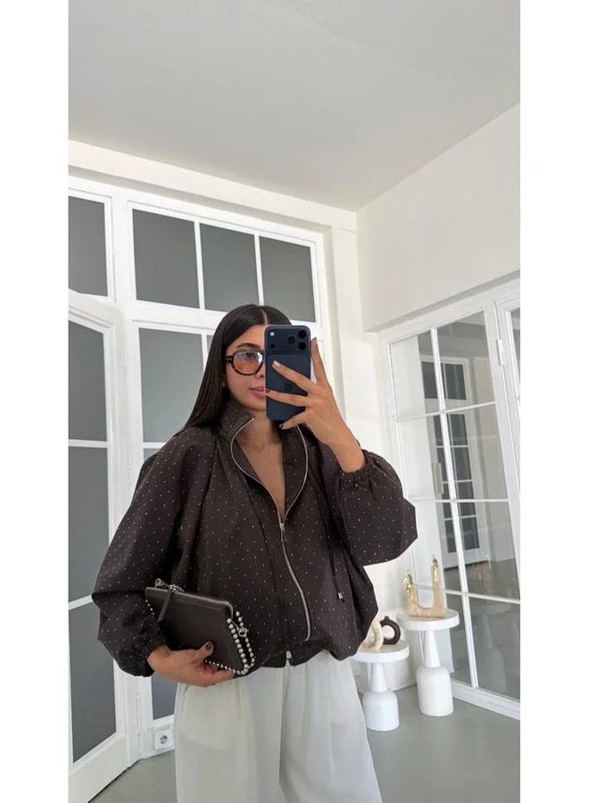 Coffee-Lined Stone-Design Bomber Jacket GAUS-01898.