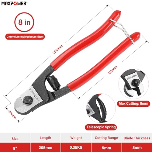 MAXPOWER قاطع الأسلاك، قواطع حبال الأسلاك بطول 8 بوصات للأسلاك الفولاذية، أختام الأسلاك، كابل دراجة الطائرات، قاطع الكابلات يقطع حتى ¹³/₆₄" (5 مم) - Image 2