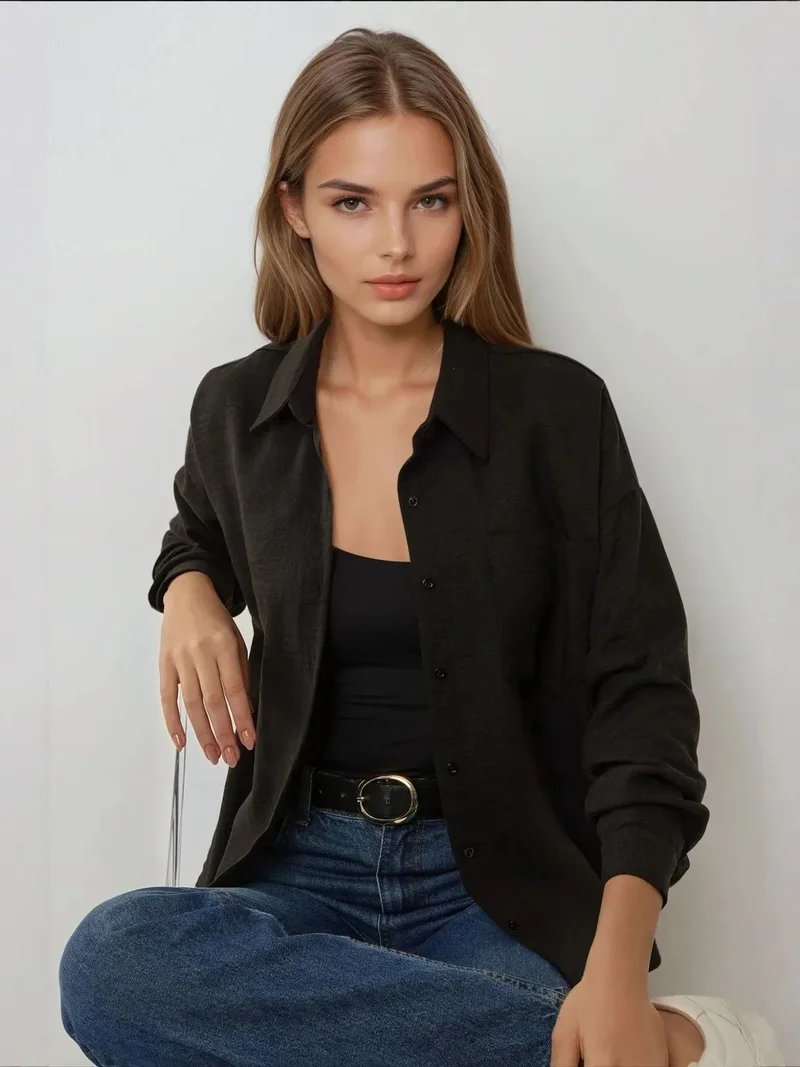 زوبعة قميص بياقة عادية بنسيج الكتان