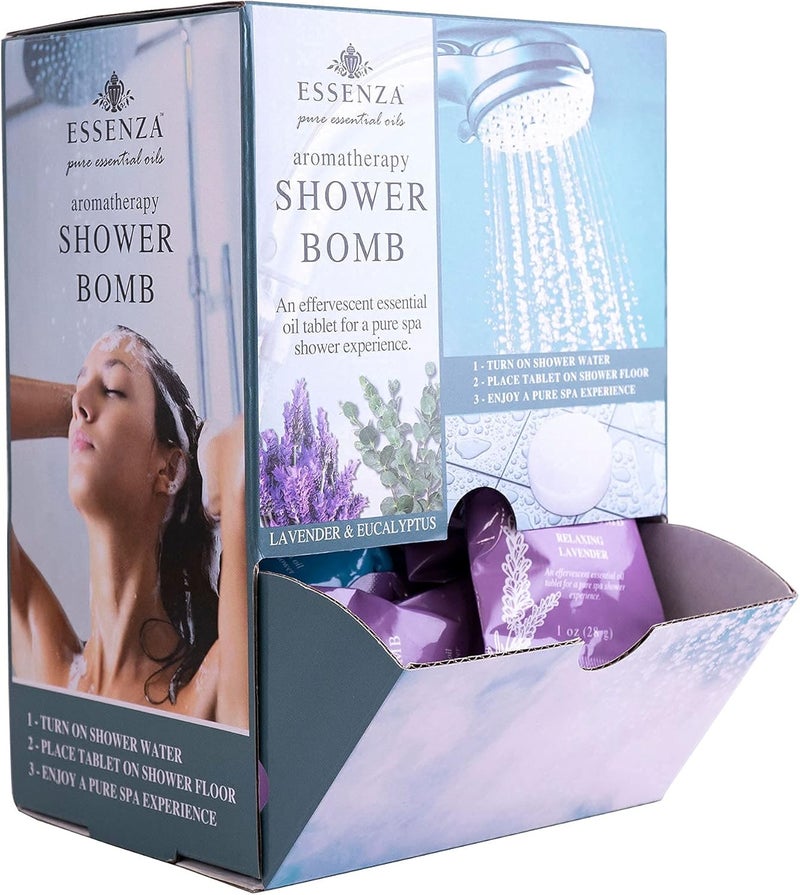 Essenza Shower Bombs 14pc Bin  Revitalizing Eucalyptus  Relaxing Lavender Aromatherapy Luxury Shower Bombs  Height 8125 Width 55 Depth 4125 Weight 131 Lbs  14 Pc Collection