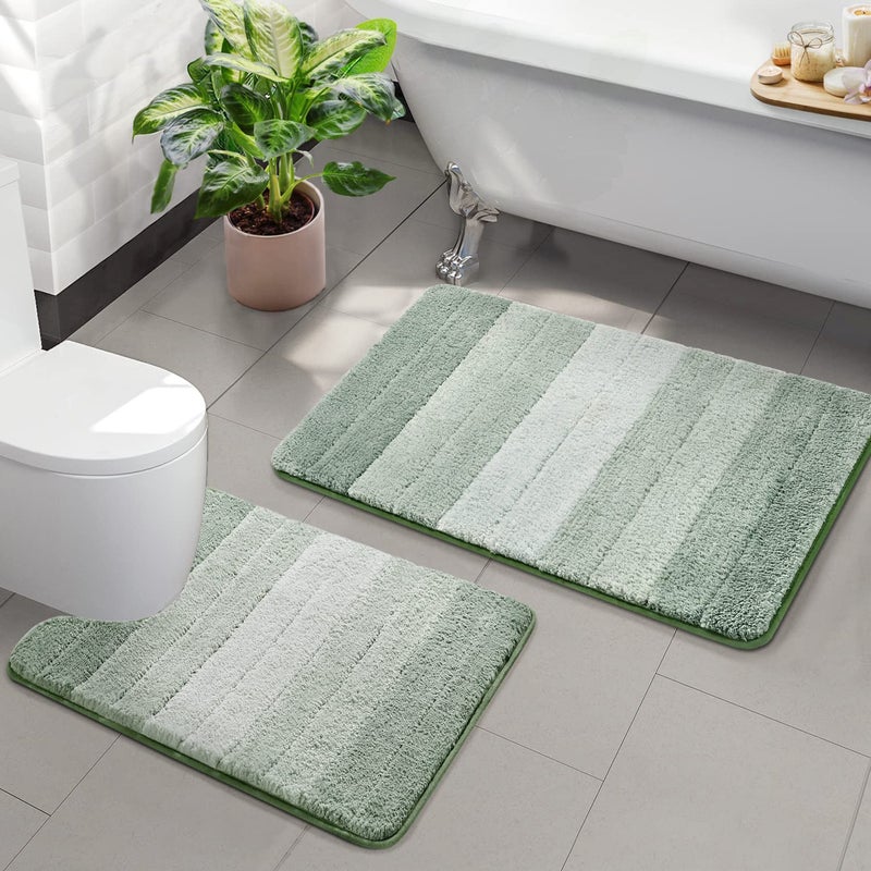 Kmson 2 Piece Ombre Bathroom Rugs Set with UShaped Mat Non SlipQuick Drying Ultra Soft and Water Absorbent Bath Carpet for Bedroom Floor Living RoomMachine Washable Green