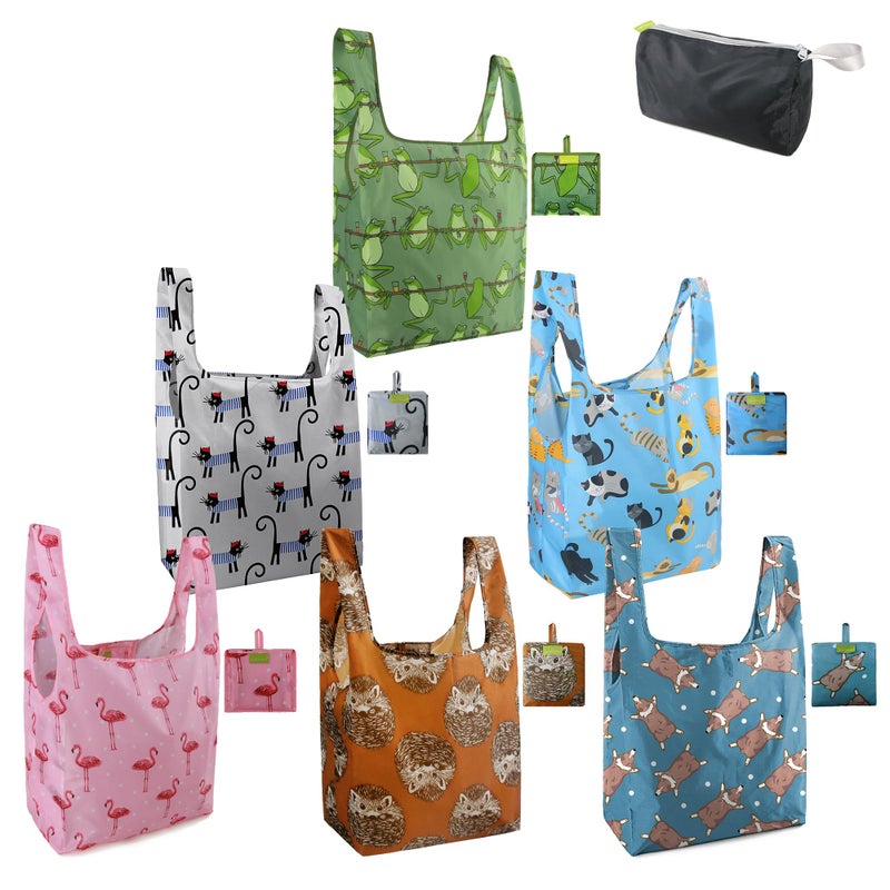 BeeGreen Animals Lover Gifts for Women Animals Reusable Grocery Bags Shopping Bags Bulk 6 Pack 50LBS X-Large Foldable Hedehog Cats Dogs Frog - Image 1