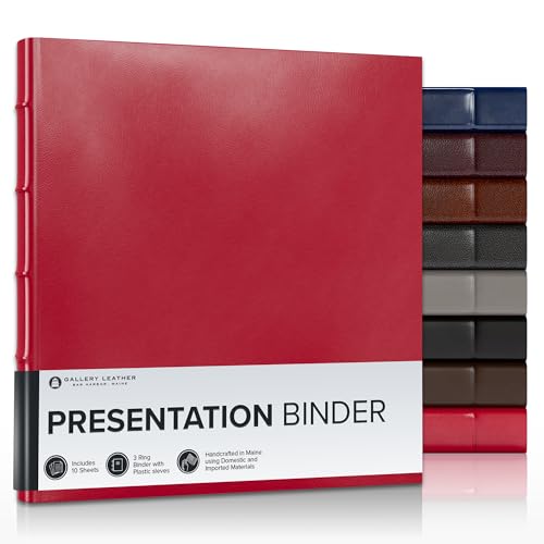 Gallery Leather 3 Ring Binder with Plastic Sleeves, Includes 10 Sheets, Sheet Size: 8.5" x 11" - Presentation Binder Rings with Hubbed Spine, Thick: 1.25" Camden Red - Image 1
