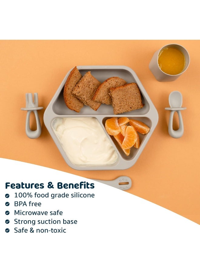 Tiny Twinkle Silicone Suction Baby Plate, Suction Grip Divided Dish for First Foods and Self-Feeding Toddlers, Baby Led Weaning Supplies for Independent Eating (Grey Plate) - Image 5