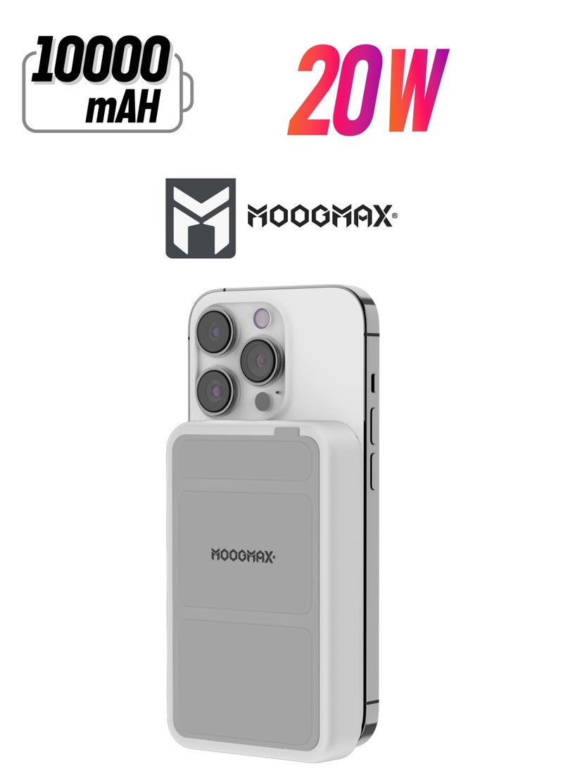 MOOGMAX Sanita 10000mAh wireless power bank with a back stand, supports fast charging with a Type-C port 20W, and wireless charging Can Charge your phone & watch at the same time (Apple watches only). White  - Image 1