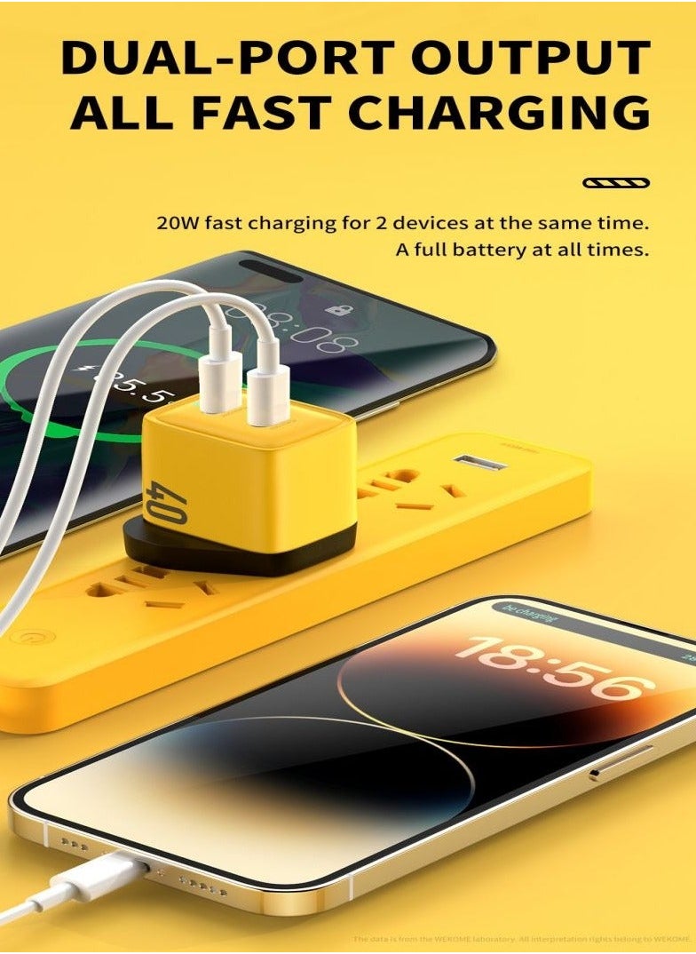 WEKOME - PD 40W USB C Charger iPhone 15 Pro Max Charger 40W/20W 2 Port iPad Fast Charger Type C Wall Plug Dual USB-C Samsung Charger PD Quick Charge Adapter Charger USB C Plug Phone Charger Yellow - Image 1
