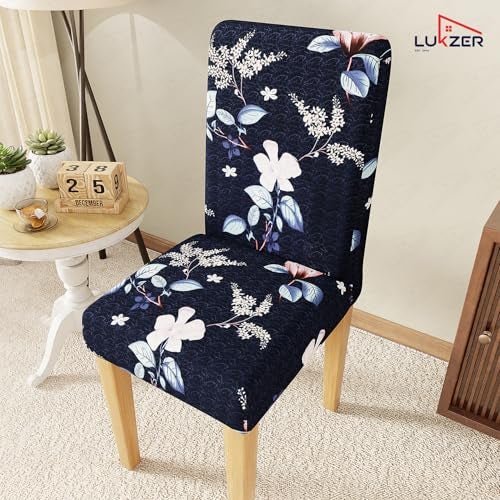 Lukzer 2PC Navy Blue Flower Design Stretchable Dining Chair Cover | Universal Fit Removable Washable Slipcover | 140 GSM Polyester Spandex | Elastic Protective Cover for Home & Hotel Chairs CC-012-02 - Image 2