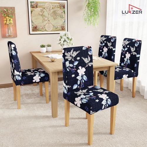 Lukzer 2PC Navy Blue Flower Design Stretchable Dining Chair Cover | Universal Fit Removable Washable Slipcover | 140 GSM Polyester Spandex | Elastic Protective Cover for Home & Hotel Chairs CC-012-02 - Image 5