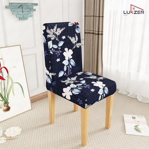 Lukzer 2PC Navy Blue Flower Design Stretchable Dining Chair Cover | Universal Fit Removable Washable Slipcover | 140 GSM Polyester Spandex | Elastic Protective Cover for Home & Hotel Chairs CC-012-02 - Image 4