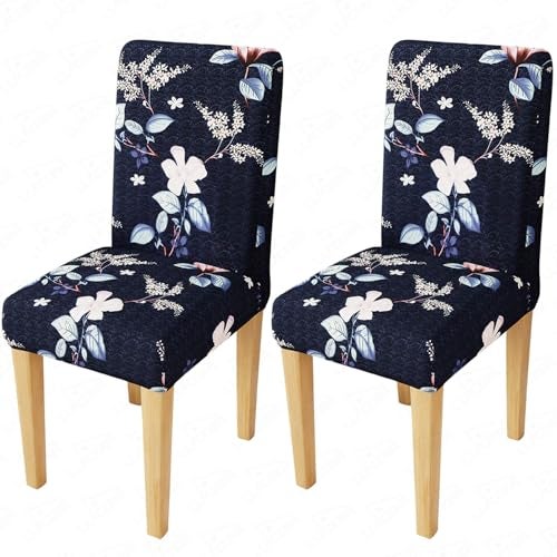 Lukzer 2PC Navy Blue Flower Design Stretchable Dining Chair Cover | Universal Fit Removable Washable Slipcover | 140 GSM Polyester Spandex | Elastic Protective Cover for Home & Hotel Chairs CC-012-02 - Image 1