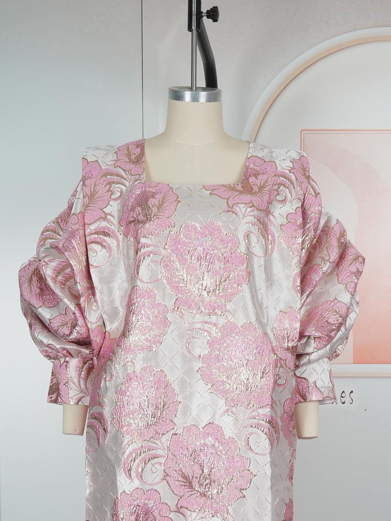 HD African Fancy Bubu Dress Lightpink Square Neck Gold Thread Floral Gown Puff Sleeves - Image 5