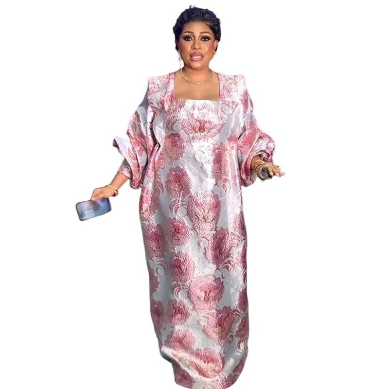 HD African Fancy Bubu Dress Lightpink Square Neck Gold Thread Floral Gown Puff Sleeves - Image 1