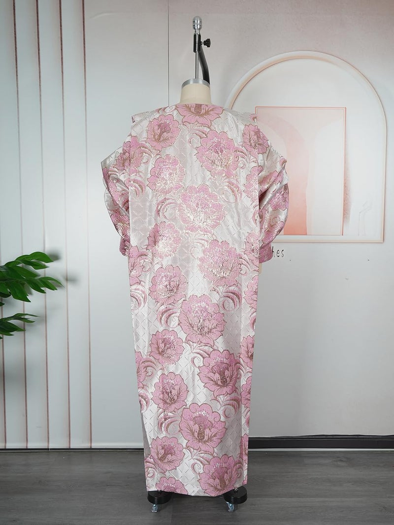 HD African Fancy Bubu Dress Lightpink Square Neck Gold Thread Floral Gown Puff Sleeves - Image 4
