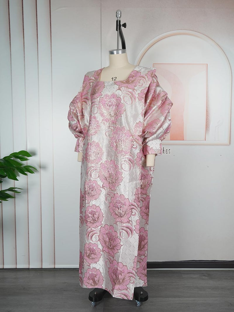 HD African Fancy Bubu Dress Lightpink Square Neck Gold Thread Floral Gown Puff Sleeves - Image 3