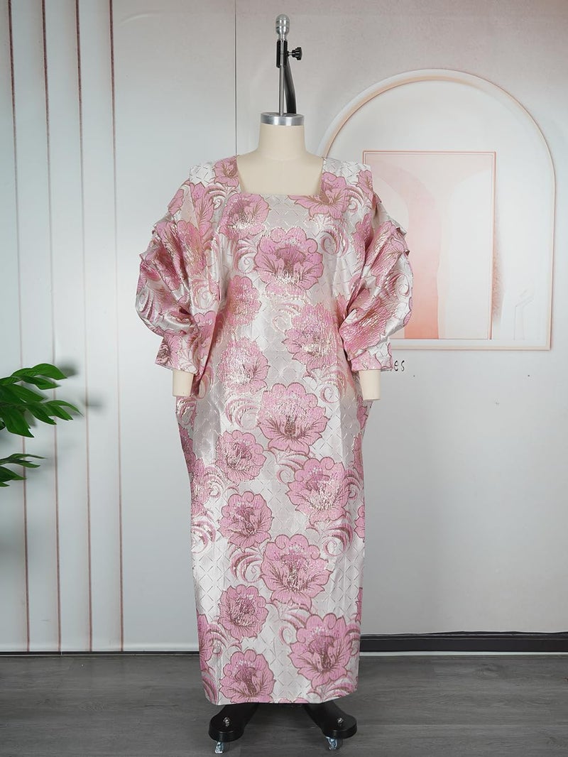 HD African Fancy Bubu Dress Lightpink Square Neck Gold Thread Floral Gown Puff Sleeves - Image 2