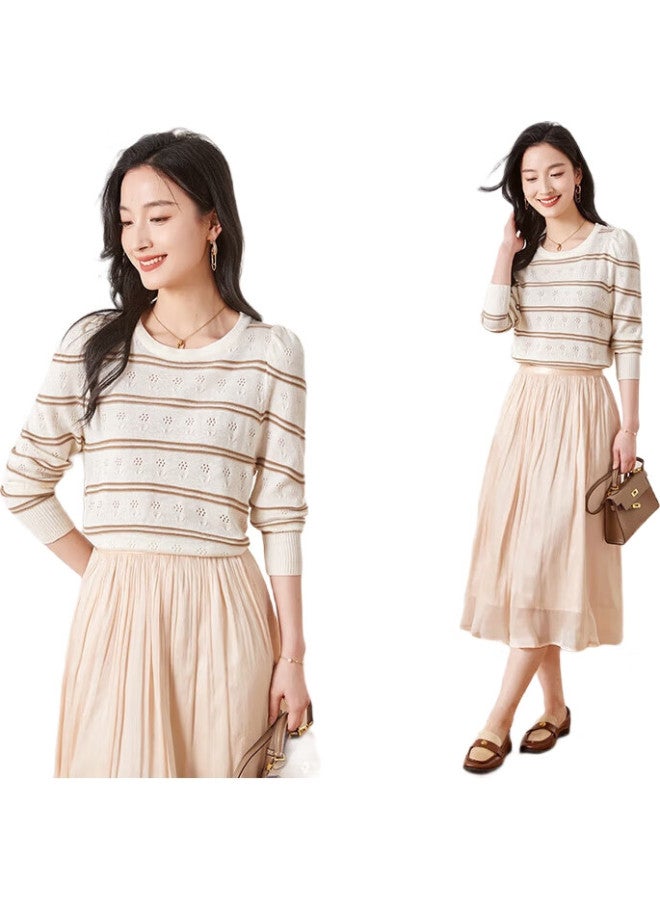 First Application Chushen Chunqiu Knitted Sweater For Women, Fashionable Casual Round Neck Hollow Striped Thin Long-Sleeve Knitted Top S142Z3989 - Image 1