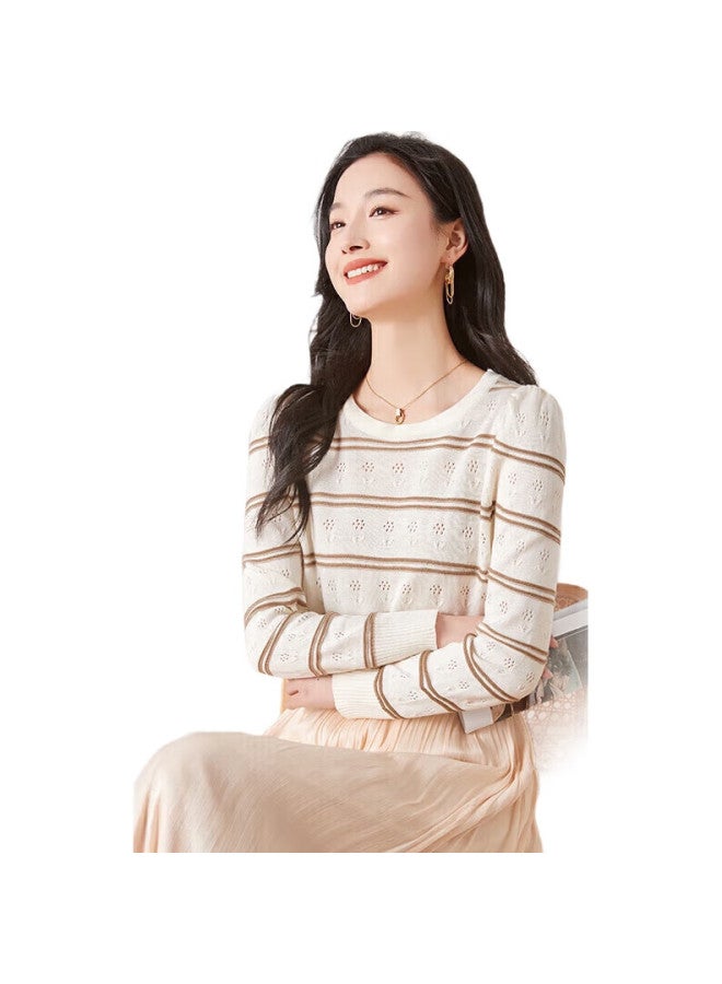 First Application Chushen Chunqiu Knitted Sweater For Women, Fashionable Casual Round Neck Hollow Striped Thin Long-Sleeve Knitted Top S142Z3989 - Image 3