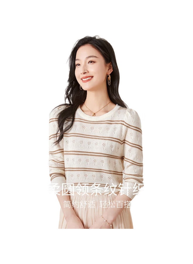First Application Chushen Chunqiu Knitted Sweater For Women, Fashionable Casual Round Neck Hollow Striped Thin Long-Sleeve Knitted Top S142Z3989 - Image 2