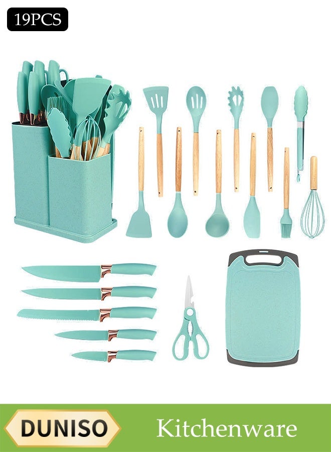 19-Piece Silicone Cooking Utensils Set, Kitchen Wooden Cutlery Tools For Non-Stick Pans With Bamboo Wood Handles, Knife Combination Set With Storage Bucket, Non-Toxic Spatula, Knife Pliers, Spatula  - Image 1