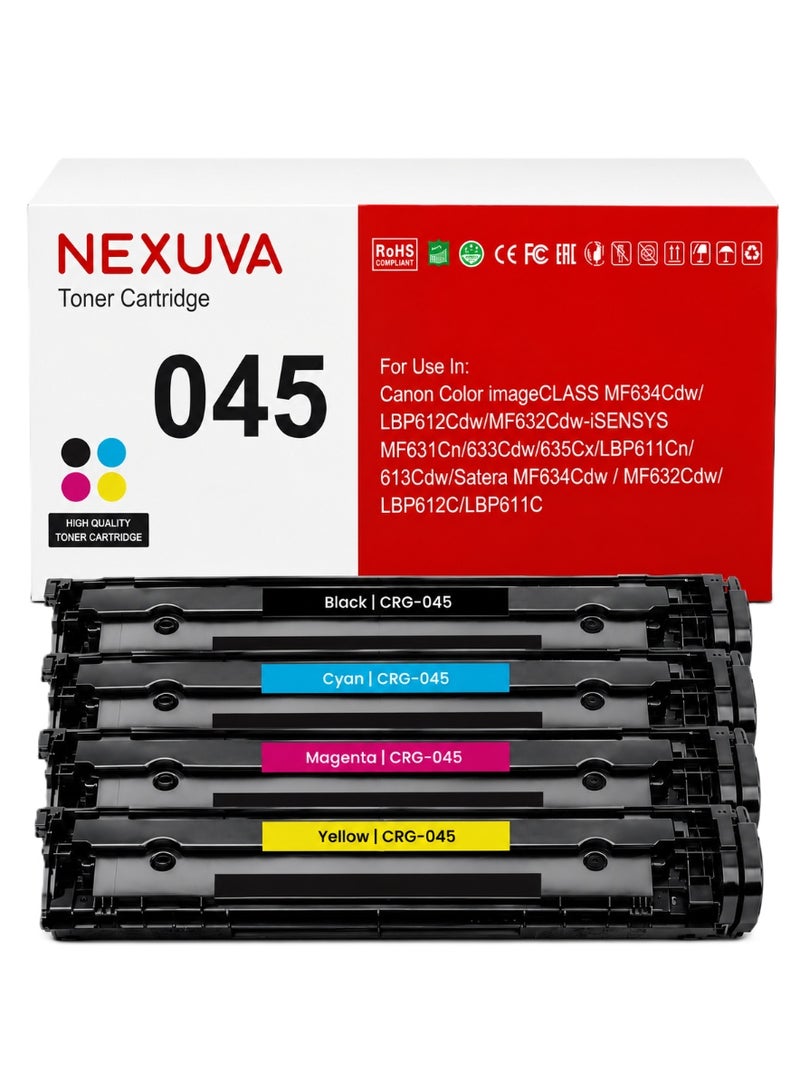 NEXUVA 045 Compatible Toner Cartridge Set for Canon Color imageCLASS LBP612Cdw, MF632Cdw and MF634Cdw – CRG-045 Black, Cyan, Magenta and Yellow – 4-Pack - Image 1
