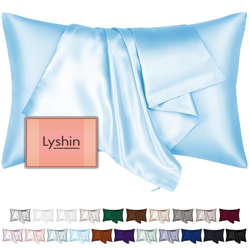 LYSHIN Mulberry Silk Pillow Cases Standard Size with Hidden Zipper, Ultra Smooth and Soft Breathable Cooling Silk Satin Pillowcase for Hair and Skin, Gifts for Women Men (Sky Blue, 20x26 Inches, 1 Pack) - Image 1