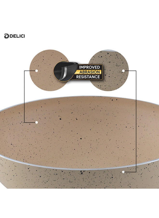 DELICI Non Srtick Kadai Pan 24CM, Ivory – Superior Aluminium Body, High-Grade Granite Non-Stick Coating, Eco-Friendly PFOA Free, Heat Proof Bakelite Handle, Tempered Glass Lid, Multi-Cooktop Compatible  - Image 2