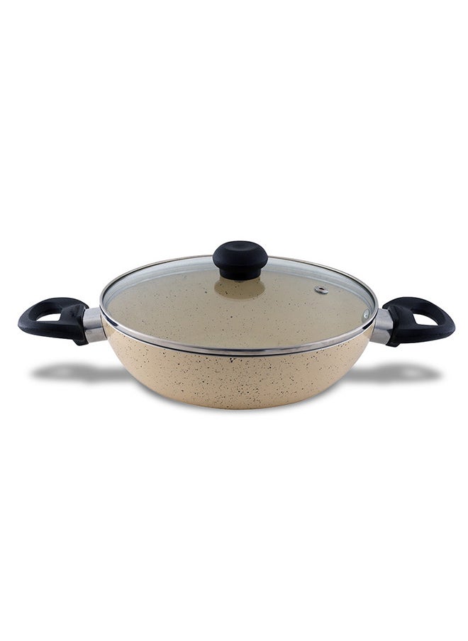 DELICI Non Srtick Kadai Pan 24CM, Ivory – Superior Aluminium Body, High-Grade Granite Non-Stick Coating, Eco-Friendly PFOA Free, Heat Proof Bakelite Handle, Tempered Glass Lid, Multi-Cooktop Compatible  - Image 1