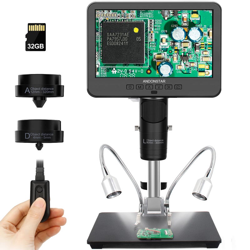 Andonstar AD246M Digital Microscope for Adults 3 Lens Soldering Microscope 1080P FHD Video Record 7 Inch LCD 500x Coin Full View Biological Kit with 32G Card Prepared Slides