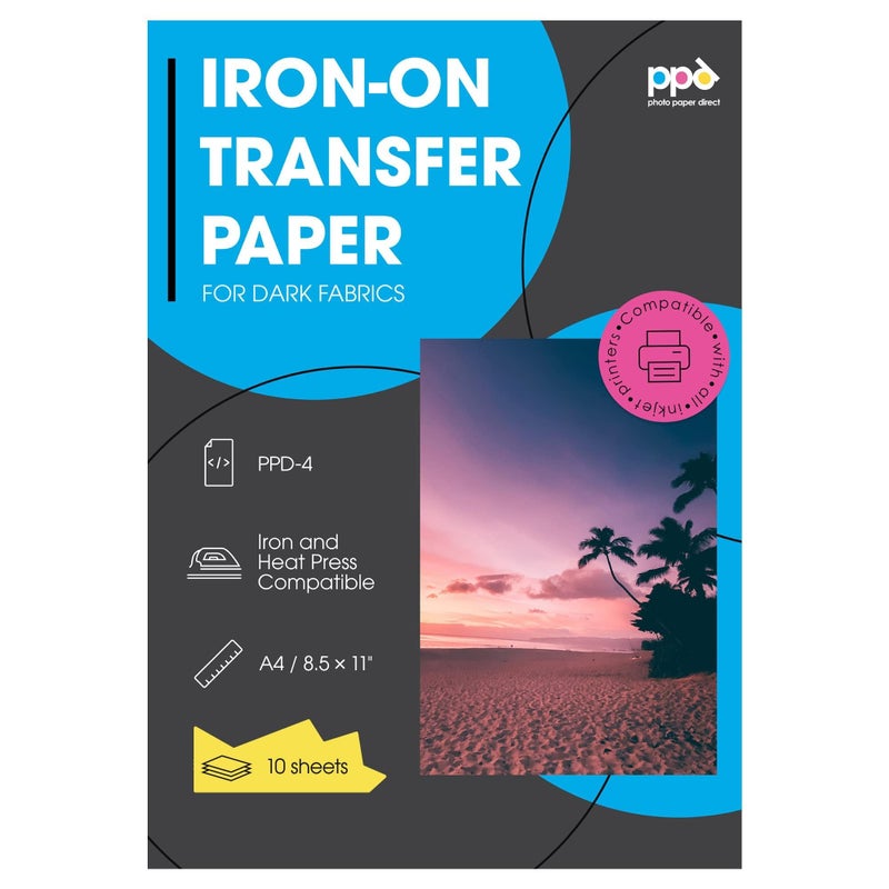 PPD Iron on Transfer Paper for Dark Fabric Compatible with Inkjet Printer, 8.5 x 11 Printable T Shirt Heat Transfer Papers, Custom Print Photo, Durable, Flexible & Machine Washable (10 Sheets) - Image 1