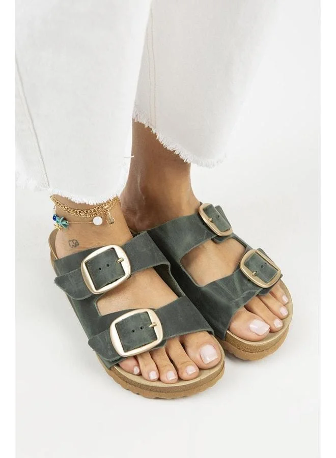 Manijero  Irene Vintage Women's Genuine Leather Double Buckle Green Gold Slippers - Green for Women | Best Price UAE
