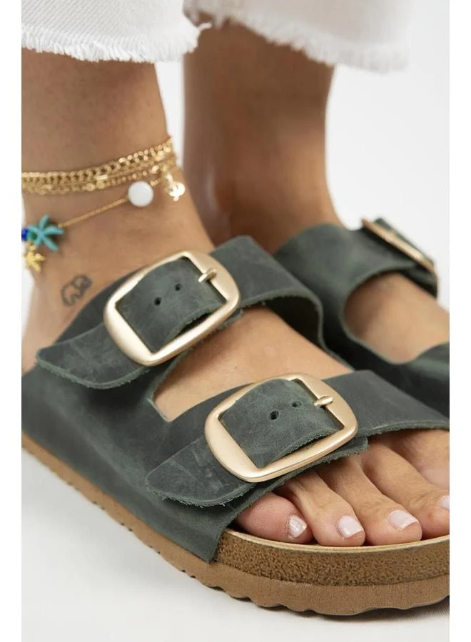 Manijero  Irene Vintage Women's Genuine Leather Double Buckle Green Gold Slippers - Green for Women | Best Price UAE