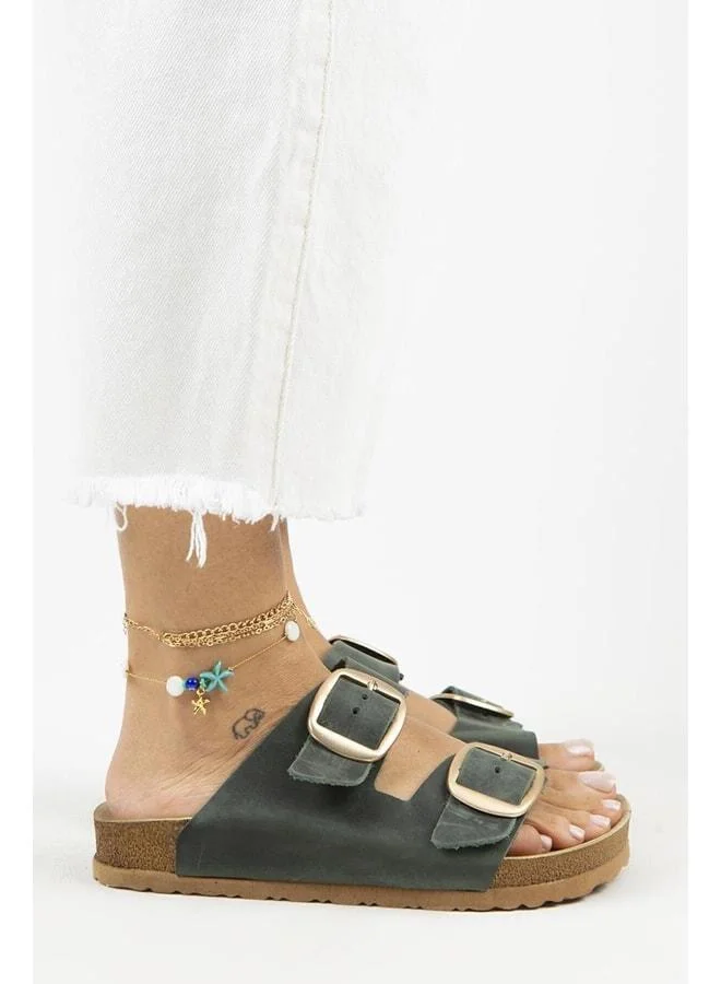 Irene Vintage Women's Genuine Leather Double Buckle Green Gold Slippers - Green