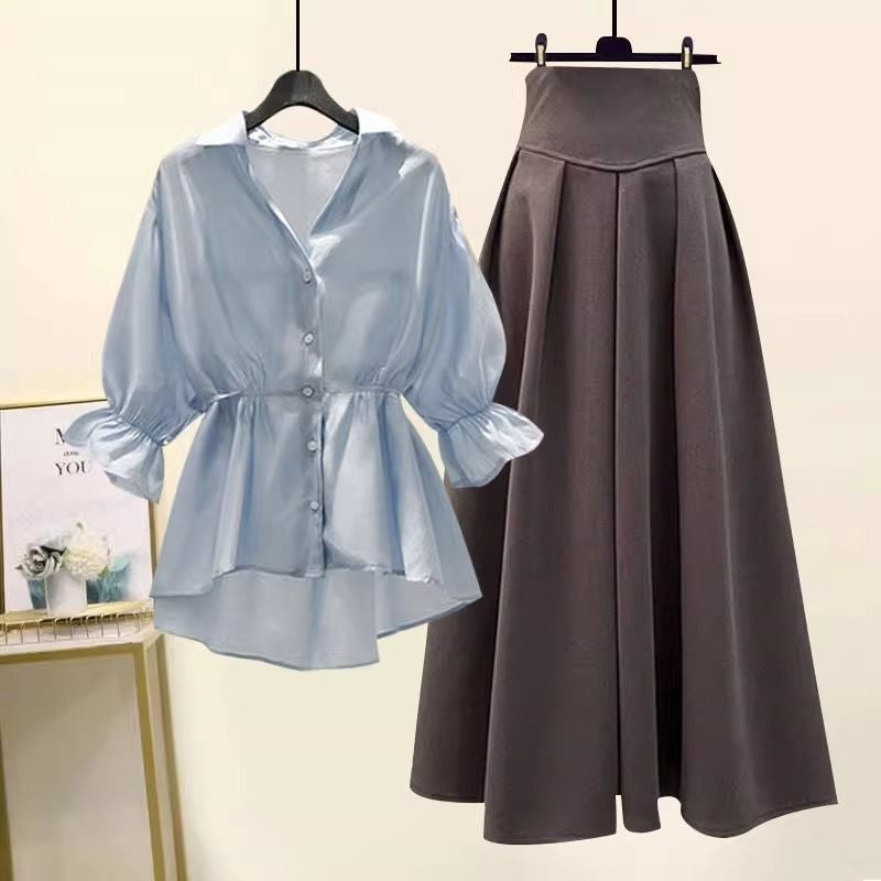 Summer 2024 Plus Size Slimming V-Neck Shirt and Skirt Set 9305 Blue 9358 brown Skirt