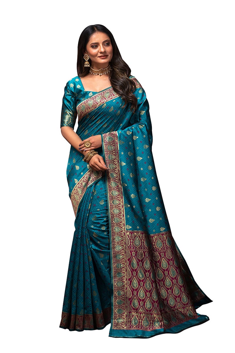 Lilots Women's Banarasi Silk Jacquard woven Saree With Blouse Piece (Blue) - Image 3