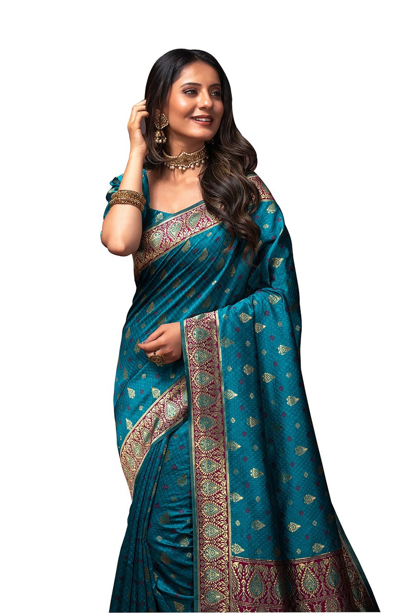 Lilots Women's Banarasi Silk Jacquard woven Saree With Blouse Piece (Blue) - Image 2