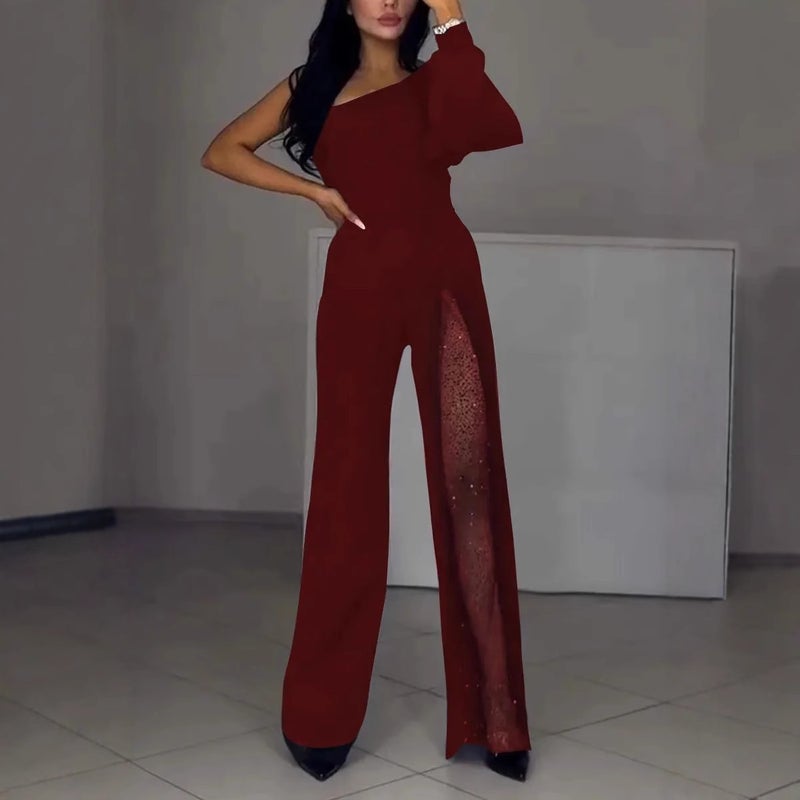 2024 Independent Station New_ Fashion Oblique Shoulder High Slit Women'S Jumpsuit - Image 4