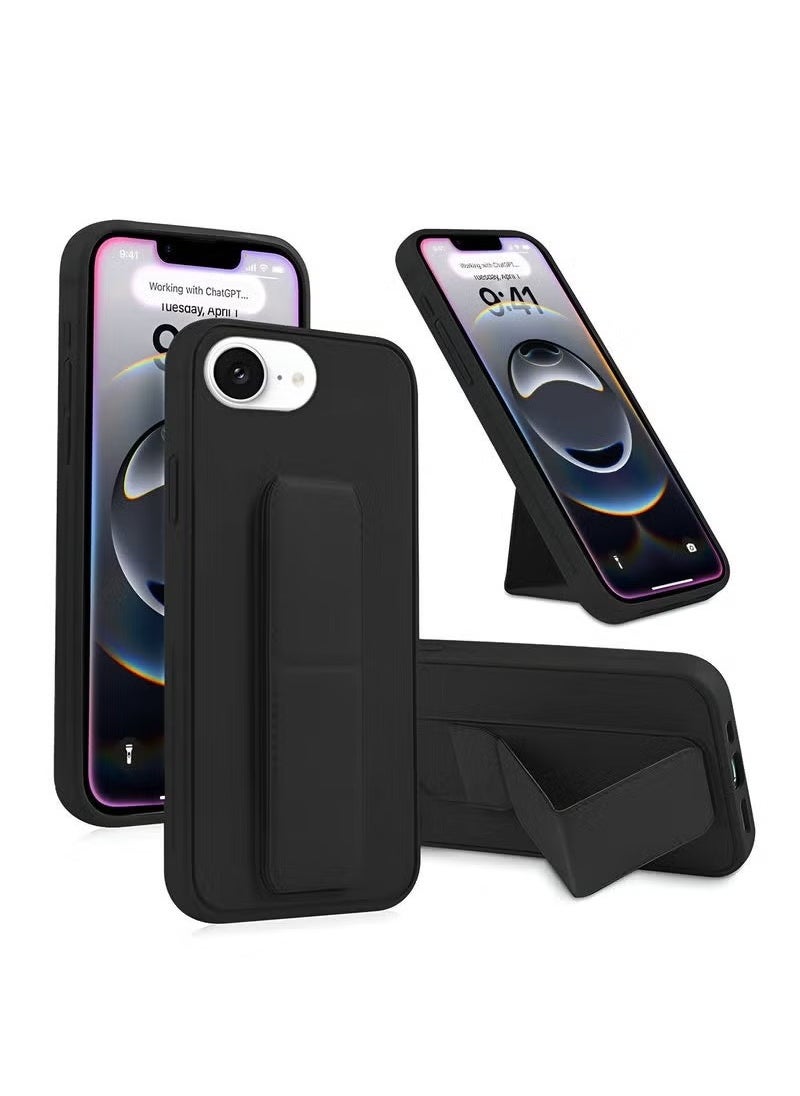 TIGER iPhone 16e 5G 2025 Premium Hand Grip Foldable Magnetic Kickstand Case – Black, Secure Finger Grip, Adjustable Wrist Strap, Full Protection, Easy Access to All Ports  - Image 1