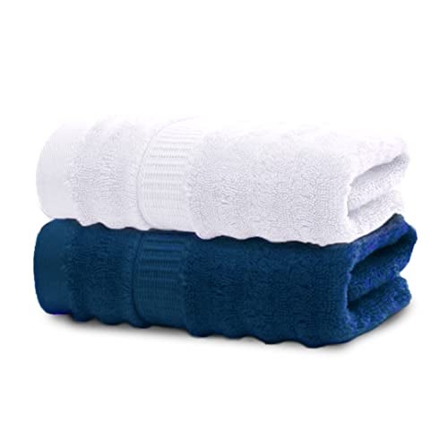 Mush 100% Bamboo 600 GSM Bath Towel |Ultra Soft, Absorbent & Quick Dry Towel for Bath |Towel Set of 2 | Solid | Couple Towel Set | 29 x 59 Inches (2, White & Navy Blue) - Image 1
