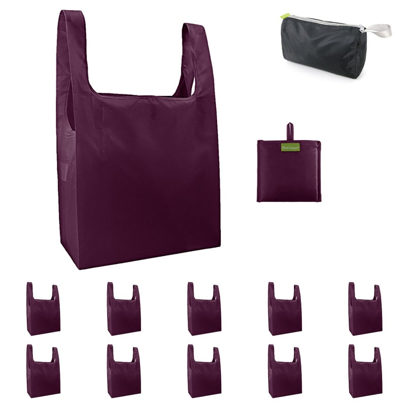 BeeGreen Burgundy Reusable Grocery Bags with Zipper Storage Pouch 10 Packs Wine Red Reusable Shopping Bags Bulk Foldable-Machine Washable - Image 1