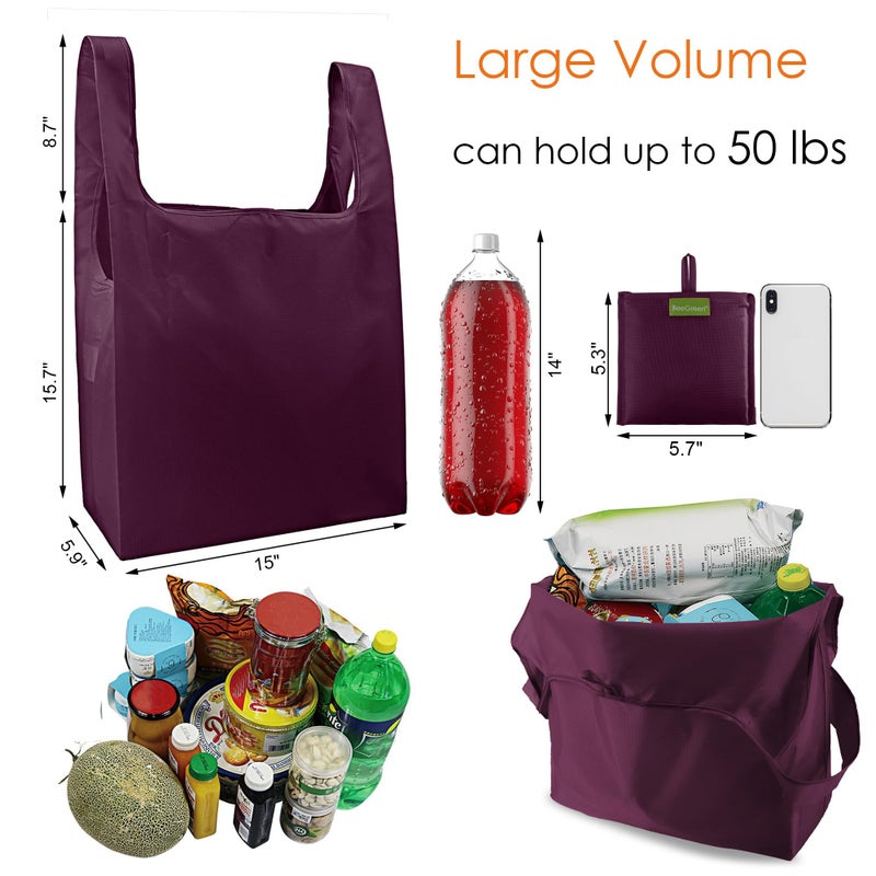 BeeGreen Burgundy Reusable Grocery Bags with Zipper Storage Pouch 10 Packs Wine Red Reusable Shopping Bags Bulk Foldable-Machine Washable - Image 2