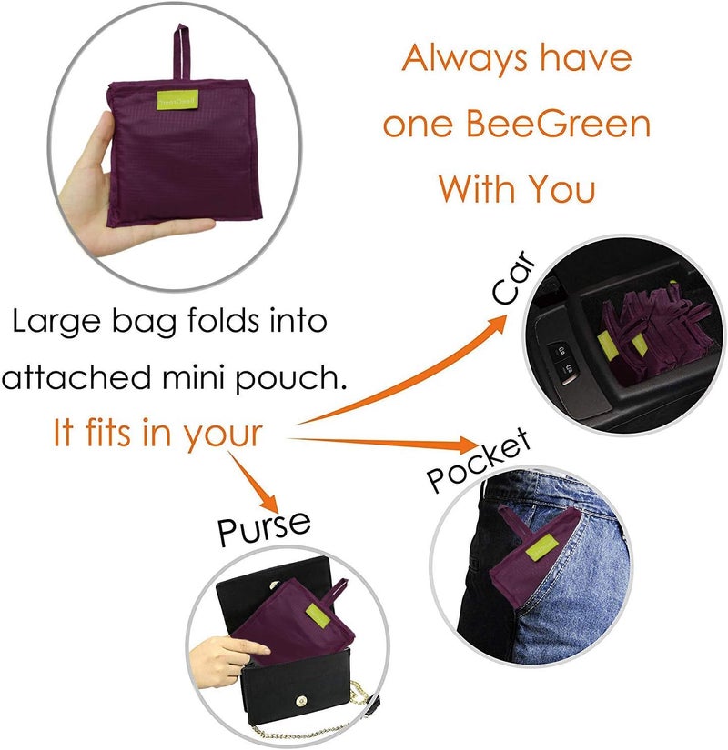 BeeGreen Burgundy Reusable Grocery Bags with Zipper Storage Pouch 10 Packs Wine Red Reusable Shopping Bags Bulk Foldable-Machine Washable - Image 5